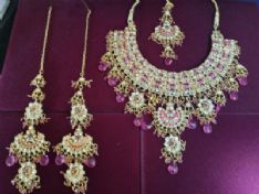 Indian Jodha Akbar Gold Pink necklace, earring and tikka set